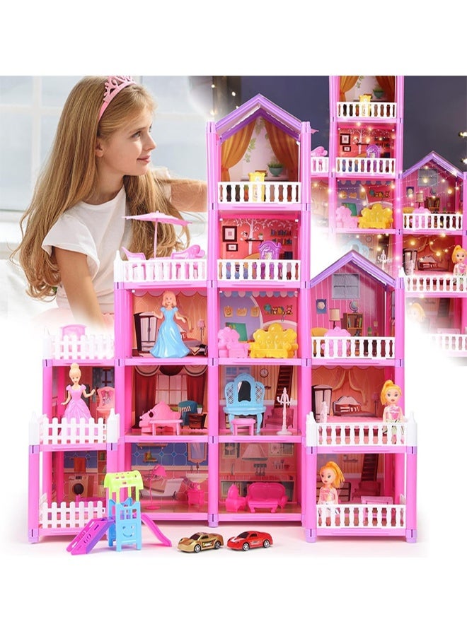 Beauenty Doll House Building Toy Play Dream Furniture Dollhouse Playset, Toddler Playhouse DIY Building Pink Dreamhouse Gift for Girls 4-10 with Light Strip 4 Dolls 2 Princess Pretend Play Toy 278PCS - Image 1